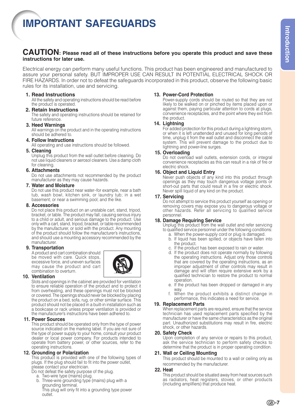 Important safeguards, Caution, Introduction | Sharp PJLINK XG-C435X-L User Manual | Page 9 / 73