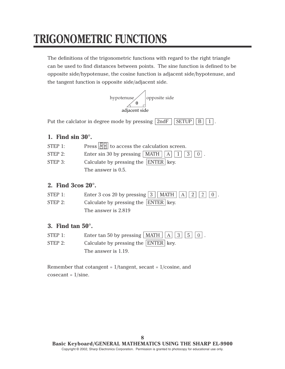 Trigonometric functions | Sharp EL-9900 User Manual | Page 10 / 153