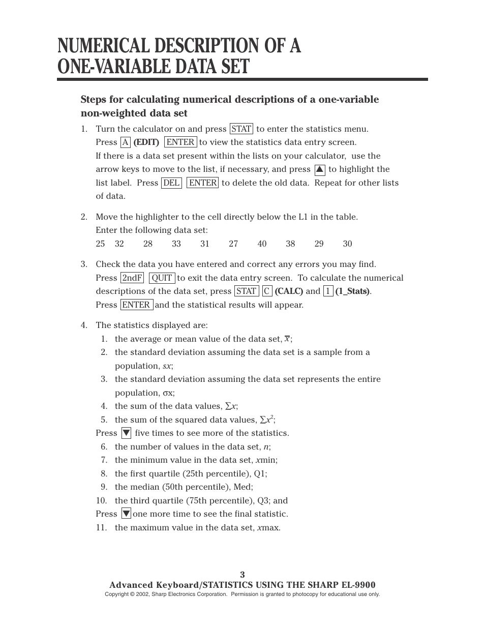 Numerical description of a one-variable data set | Sharp EL-9900 User Manual | Page 100 / 153