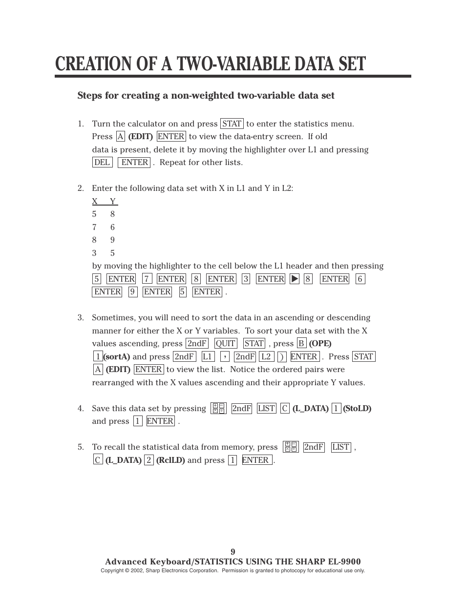 Creation of a two-variable data set | Sharp EL-9900 User Manual | Page 106 / 153