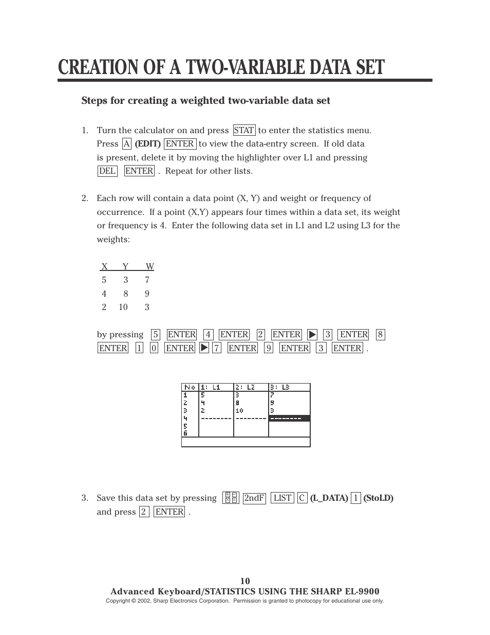 Creation of a two-variable data set | Sharp EL-9900 User Manual | Page 107 / 153