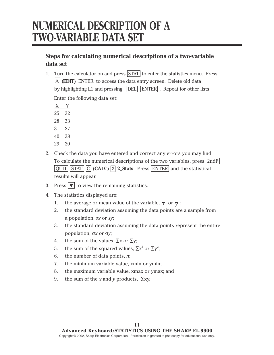 Numerical description of a two-variable data set | Sharp EL-9900 User Manual | Page 108 / 153