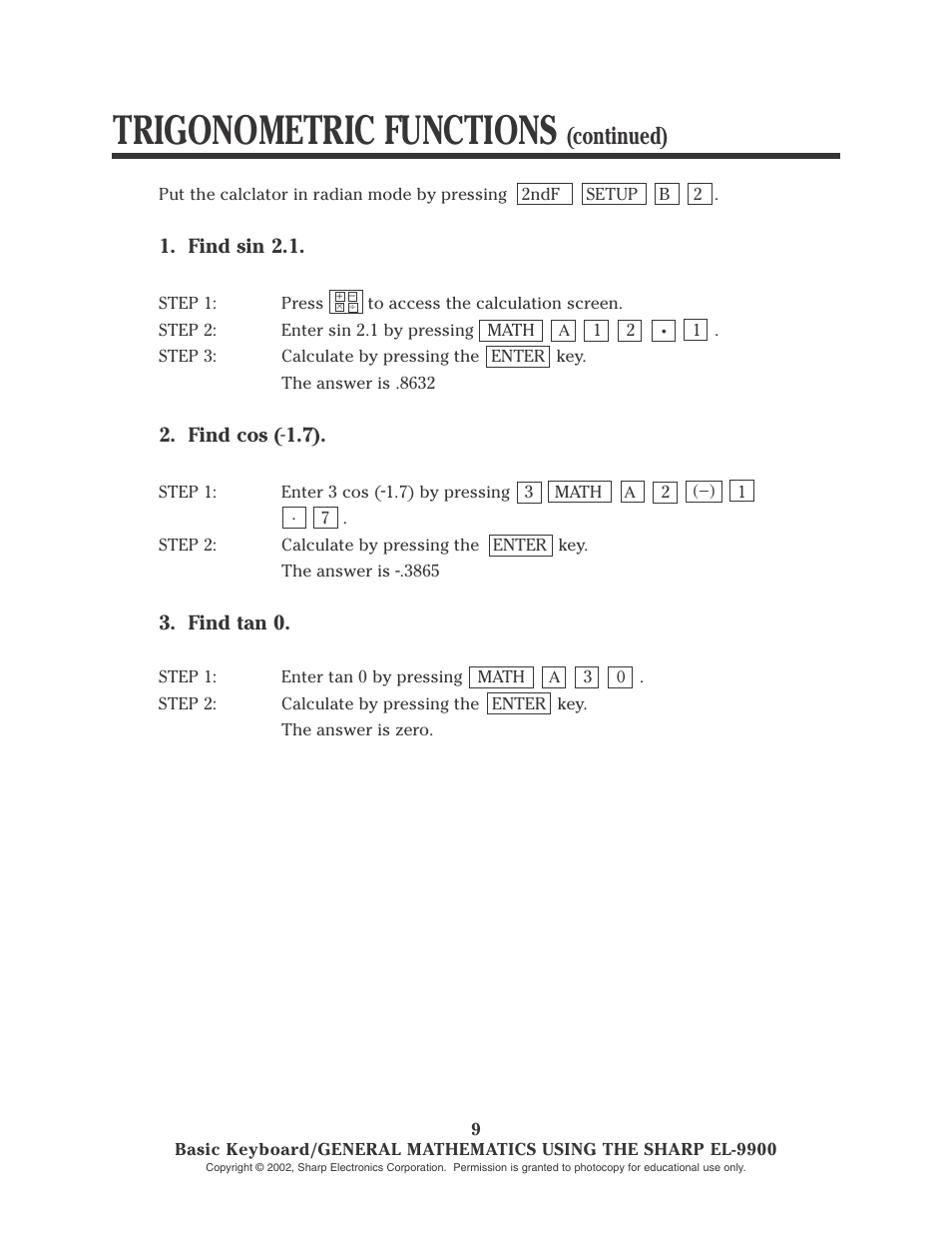 Trigonometric functions, Continued) | Sharp EL-9900 User Manual | Page 11 / 153