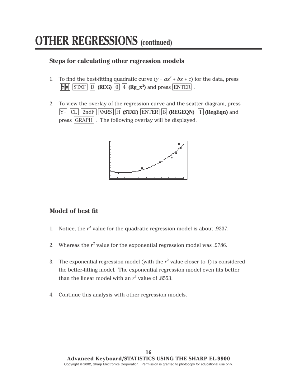 Other regressions, Continued), Steps for calculating other regression models | Model of best fit | Sharp EL-9900 User Manual | Page 113 / 153