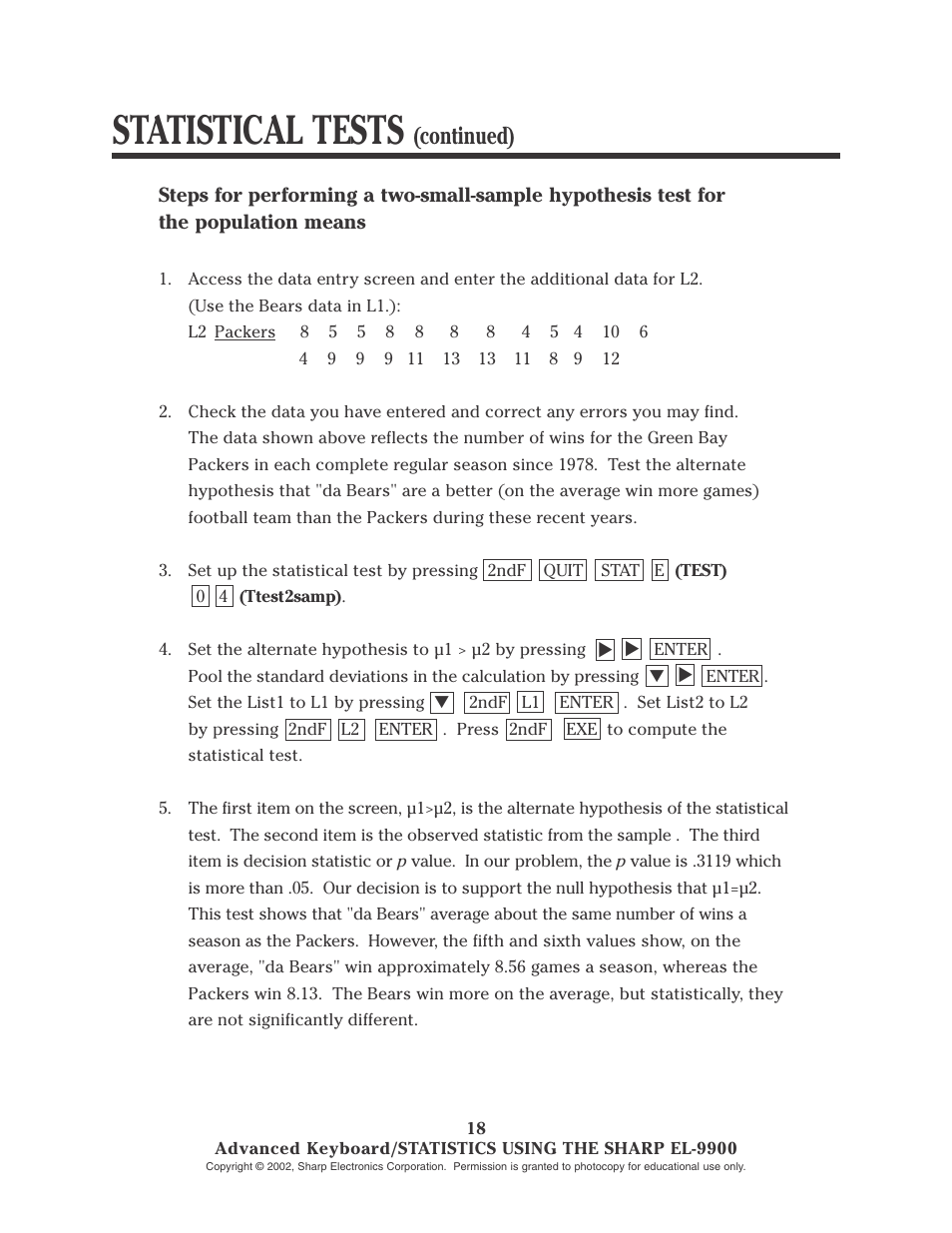 Statistical tests, Continued) | Sharp EL-9900 User Manual | Page 115 / 153