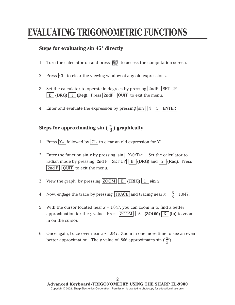 Evaluating trigonometric functions | Sharp EL-9900 User Manual | Page 117 / 153