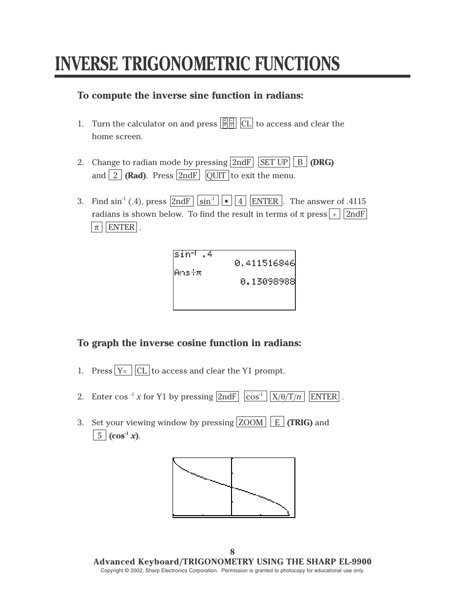 Inverse trigonometric functions | Sharp EL-9900 User Manual | Page 123 / 153