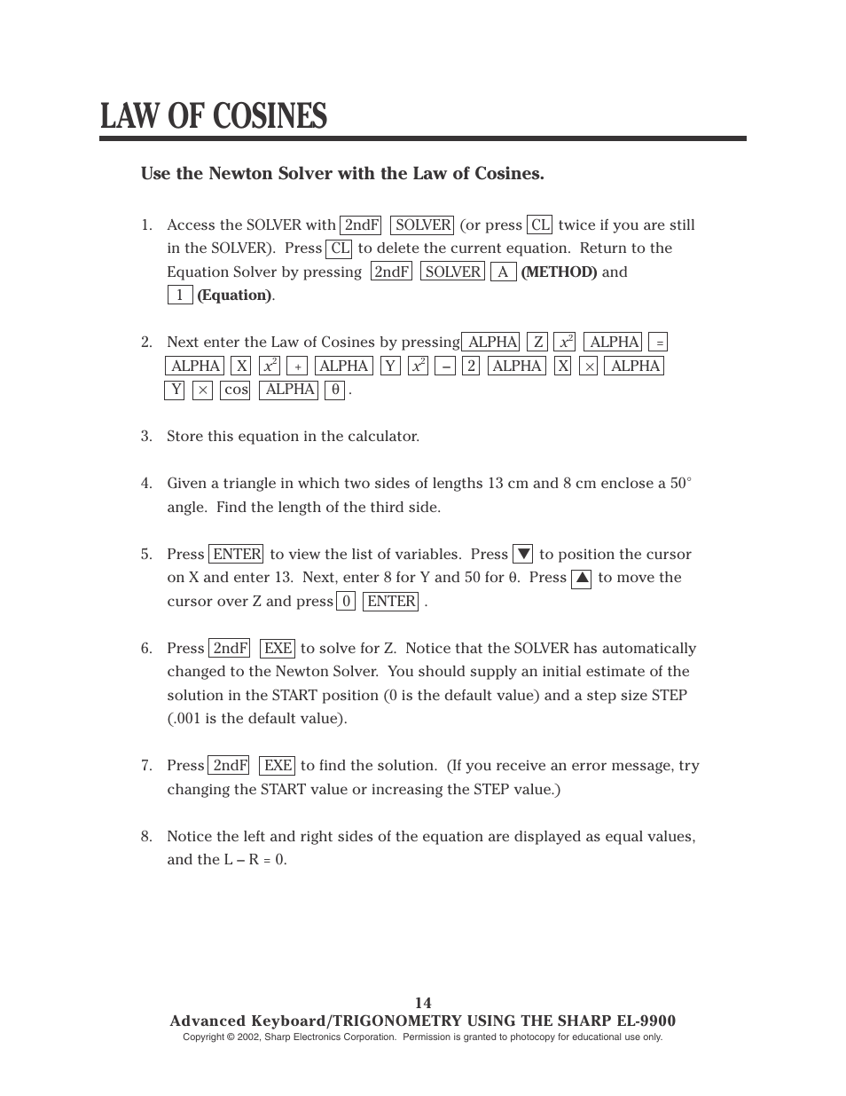 Law of cosines | Sharp EL-9900 User Manual | Page 129 / 153