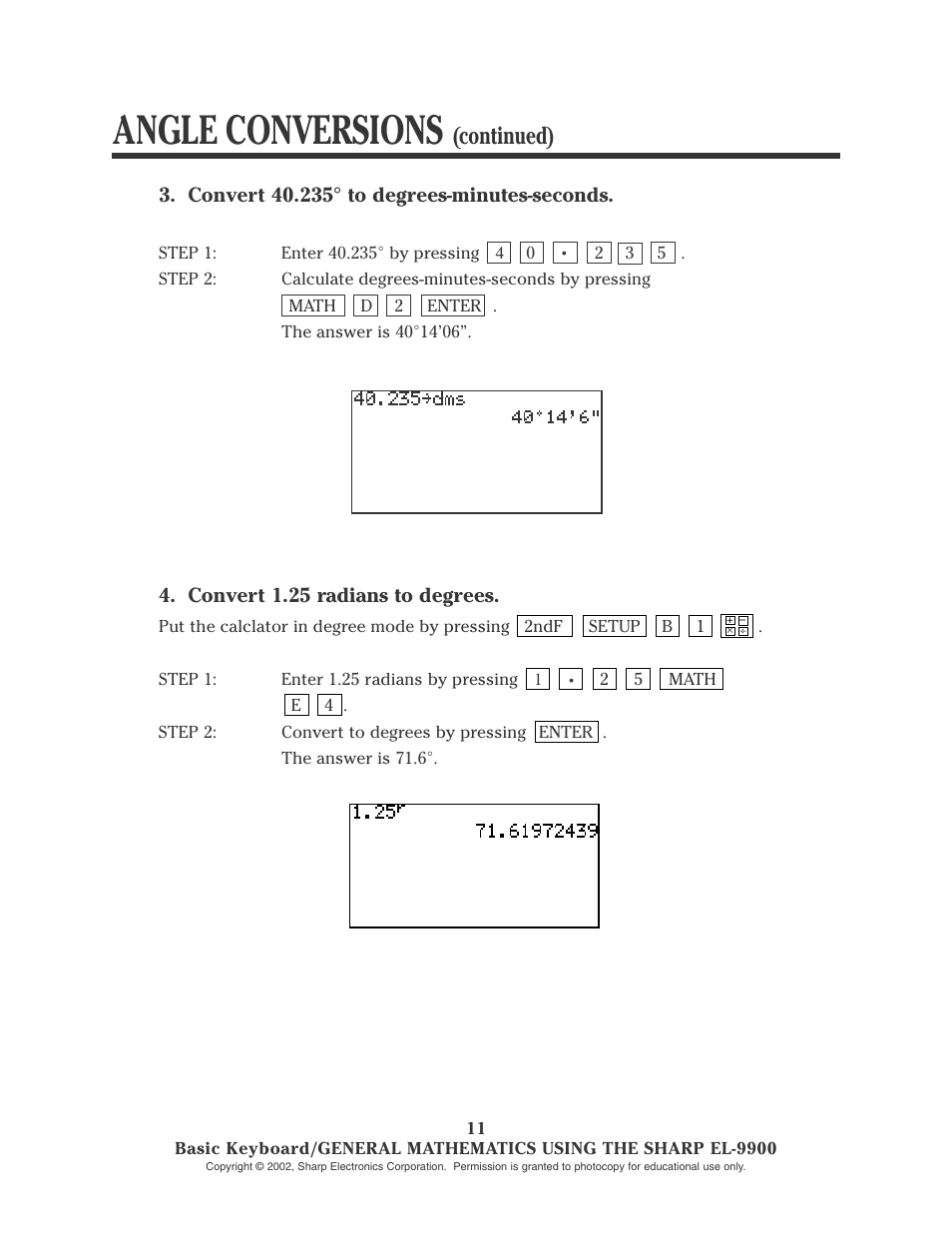 Angle conversions, Continued) | Sharp EL-9900 User Manual | Page 13 / 153