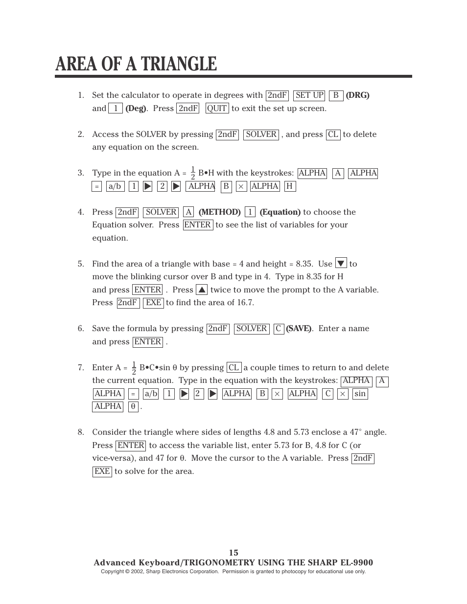 Area of a triangle | Sharp EL-9900 User Manual | Page 130 / 153