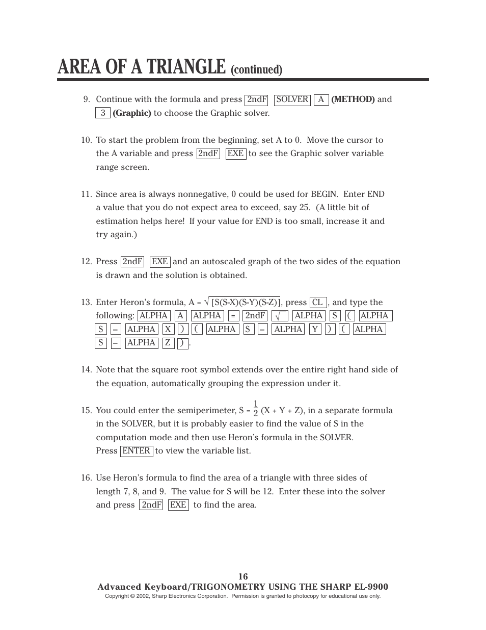 Area of a triangle, Continued) | Sharp EL-9900 User Manual | Page 131 / 153