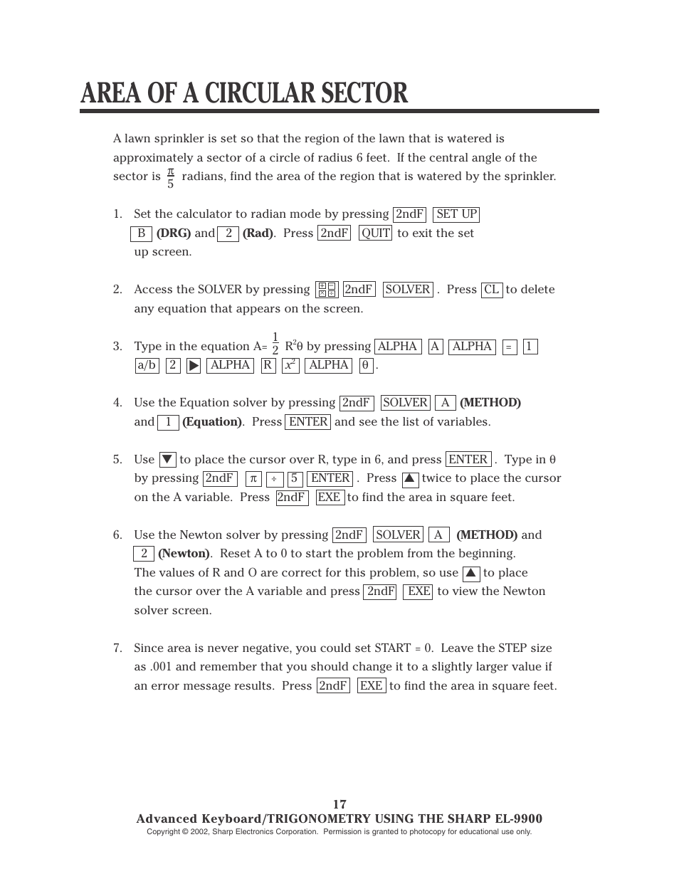 Area of a circular sector | Sharp EL-9900 User Manual | Page 132 / 153