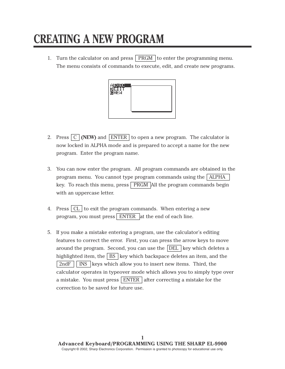 Creating a new program | Sharp EL-9900 User Manual | Page 134 / 153