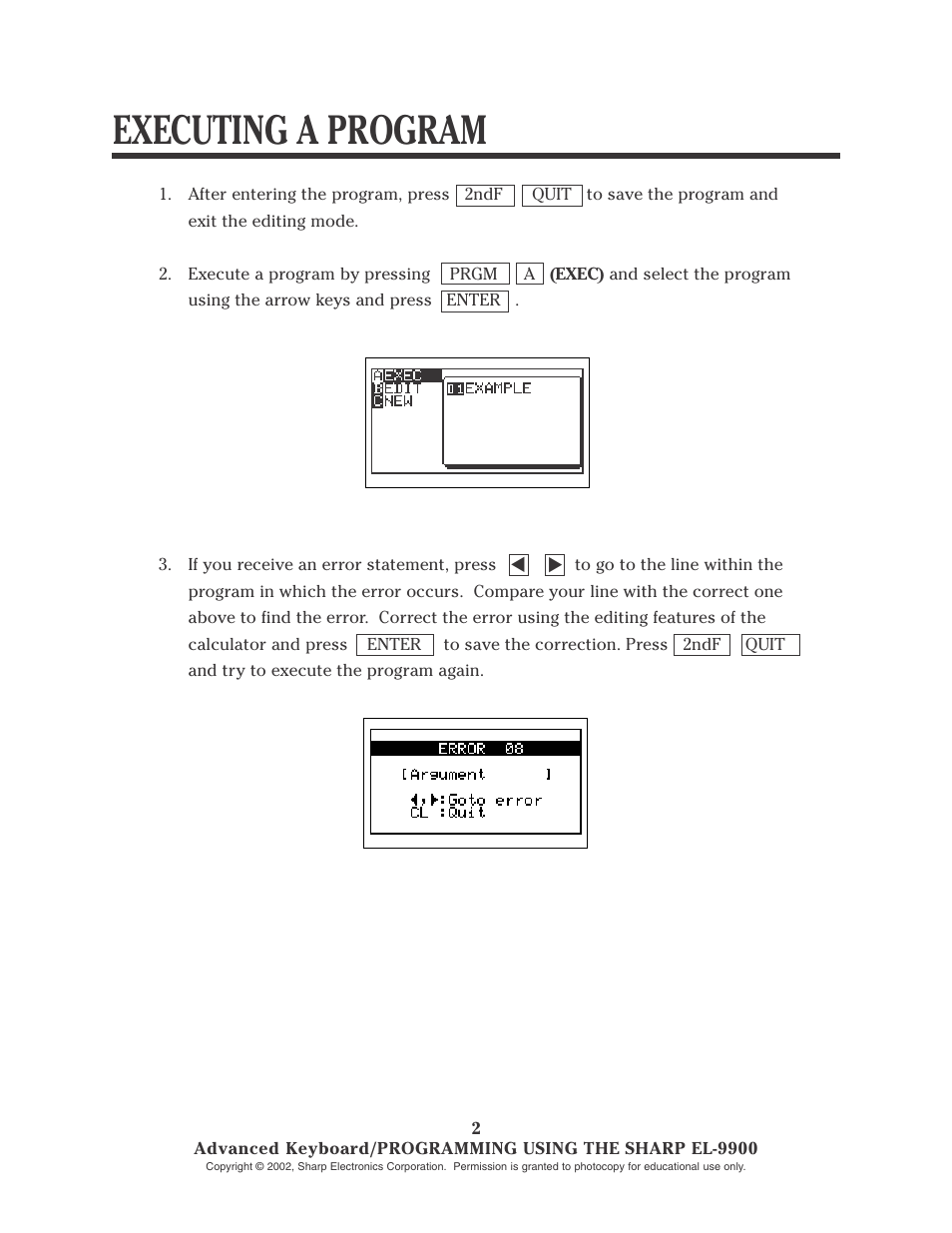 Executing a program | Sharp EL-9900 User Manual | Page 135 / 153