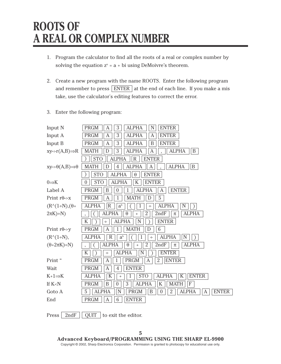 Roots of a real or complex number | Sharp EL-9900 User Manual | Page 138 / 153