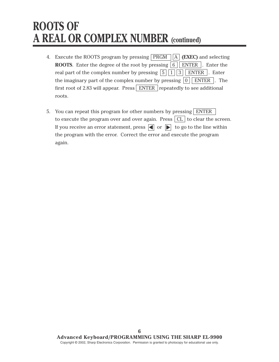 Roots of a real or complex number, Continued) | Sharp EL-9900 User Manual | Page 139 / 153