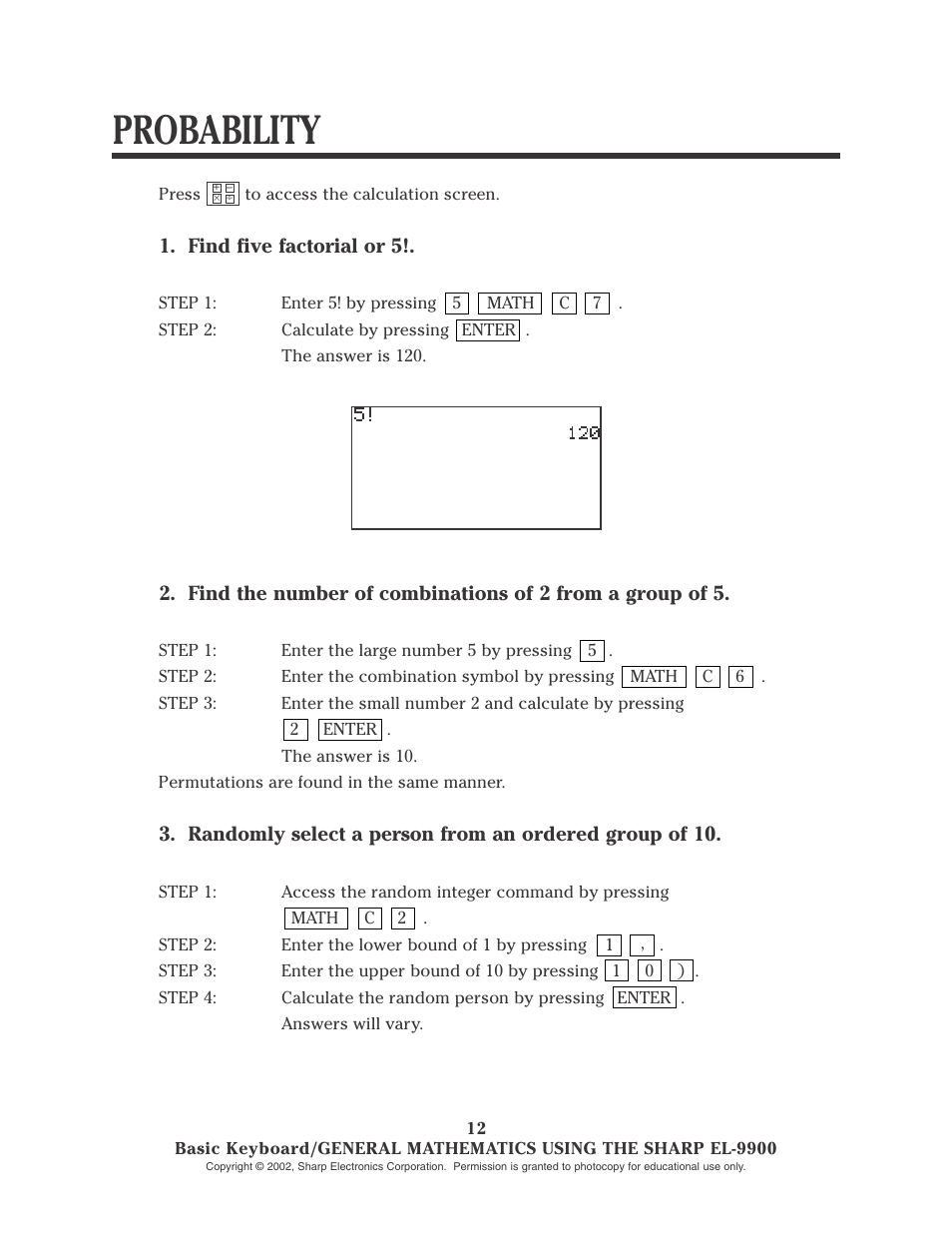 Probability | Sharp EL-9900 User Manual | Page 14 / 153