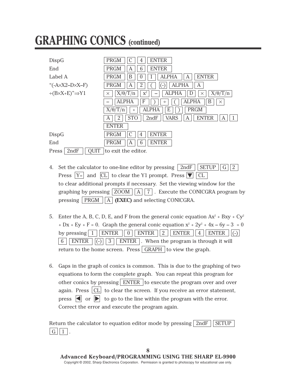 Graphing conics, Continued) | Sharp EL-9900 User Manual | Page 141 / 153