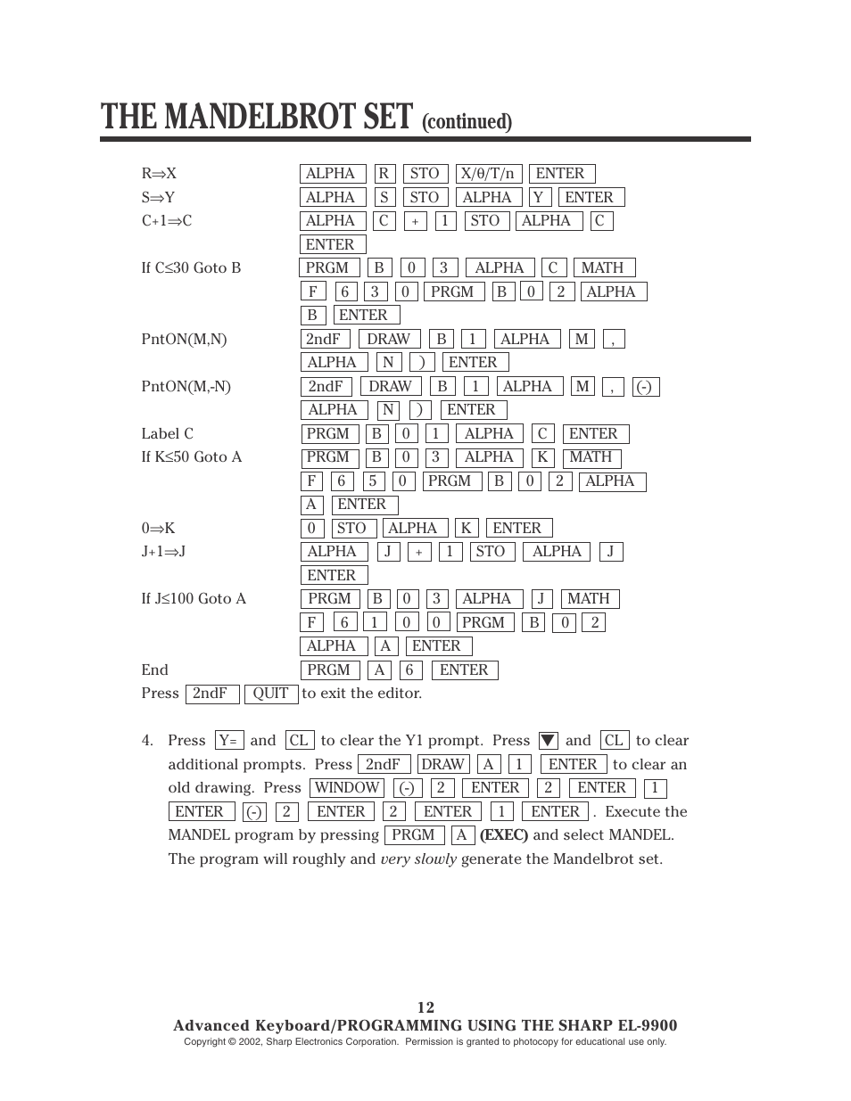 The mandelbrot set, Continued) | Sharp EL-9900 User Manual | Page 145 / 153