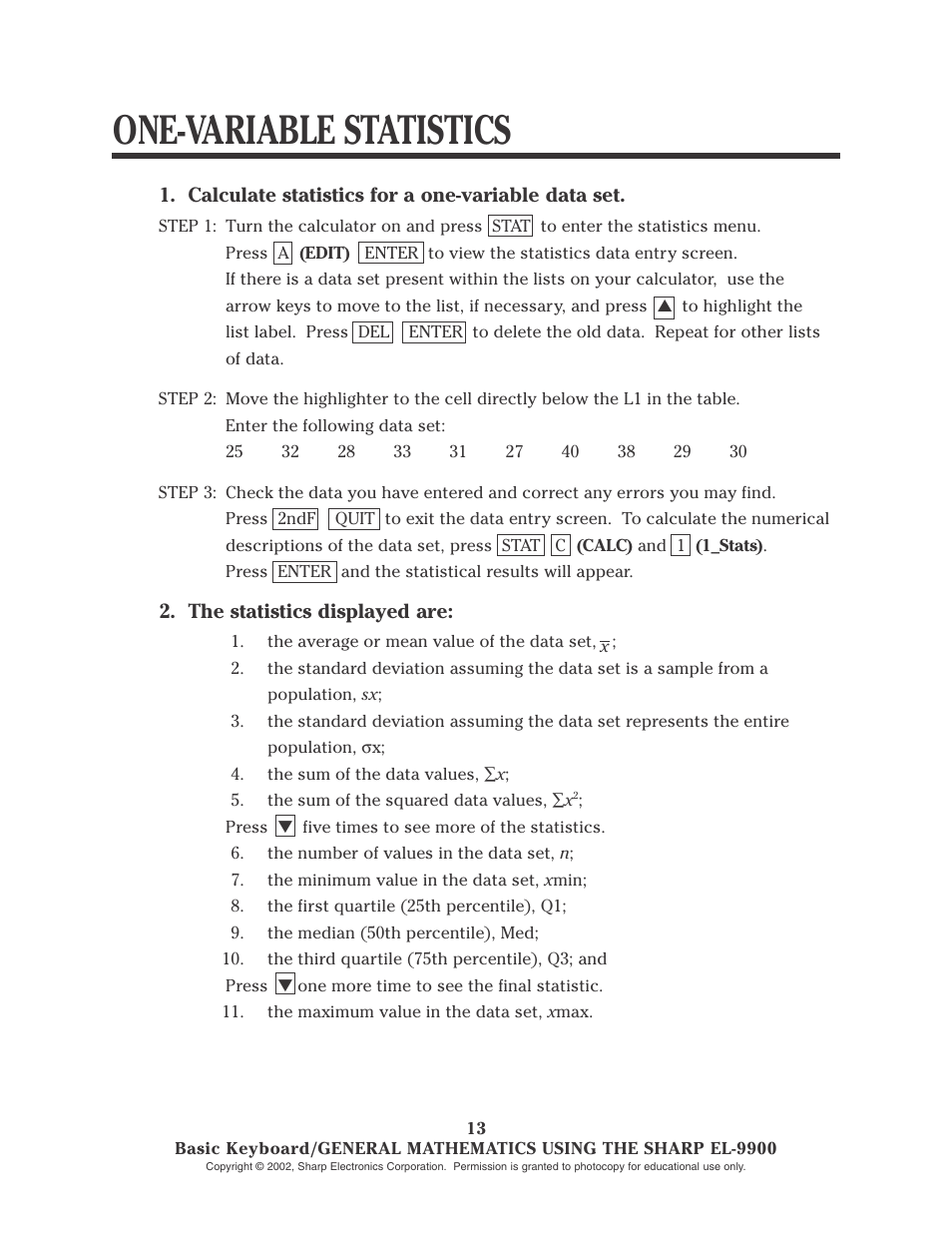 One-variable statistics | Sharp EL-9900 User Manual | Page 15 / 153