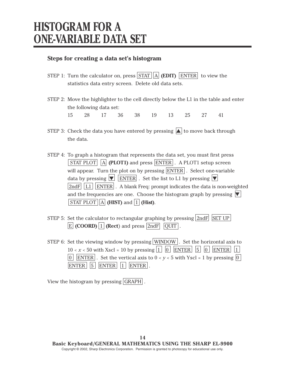 Histogram for a one-variable data set | Sharp EL-9900 User Manual | Page 16 / 153