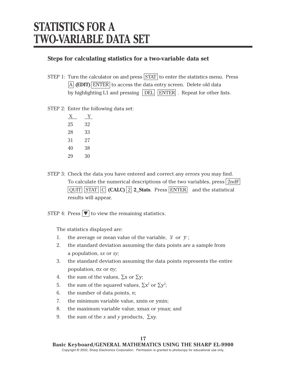 Statistics for a two-variable data set | Sharp EL-9900 User Manual | Page 19 / 153