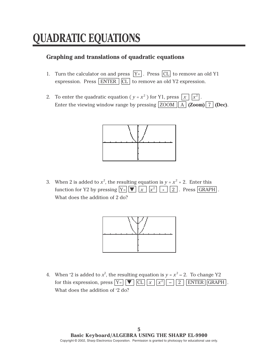 Quadratic equations, Graphing and translations of quadratic equations | Sharp EL-9900 User Manual | Page 26 / 153