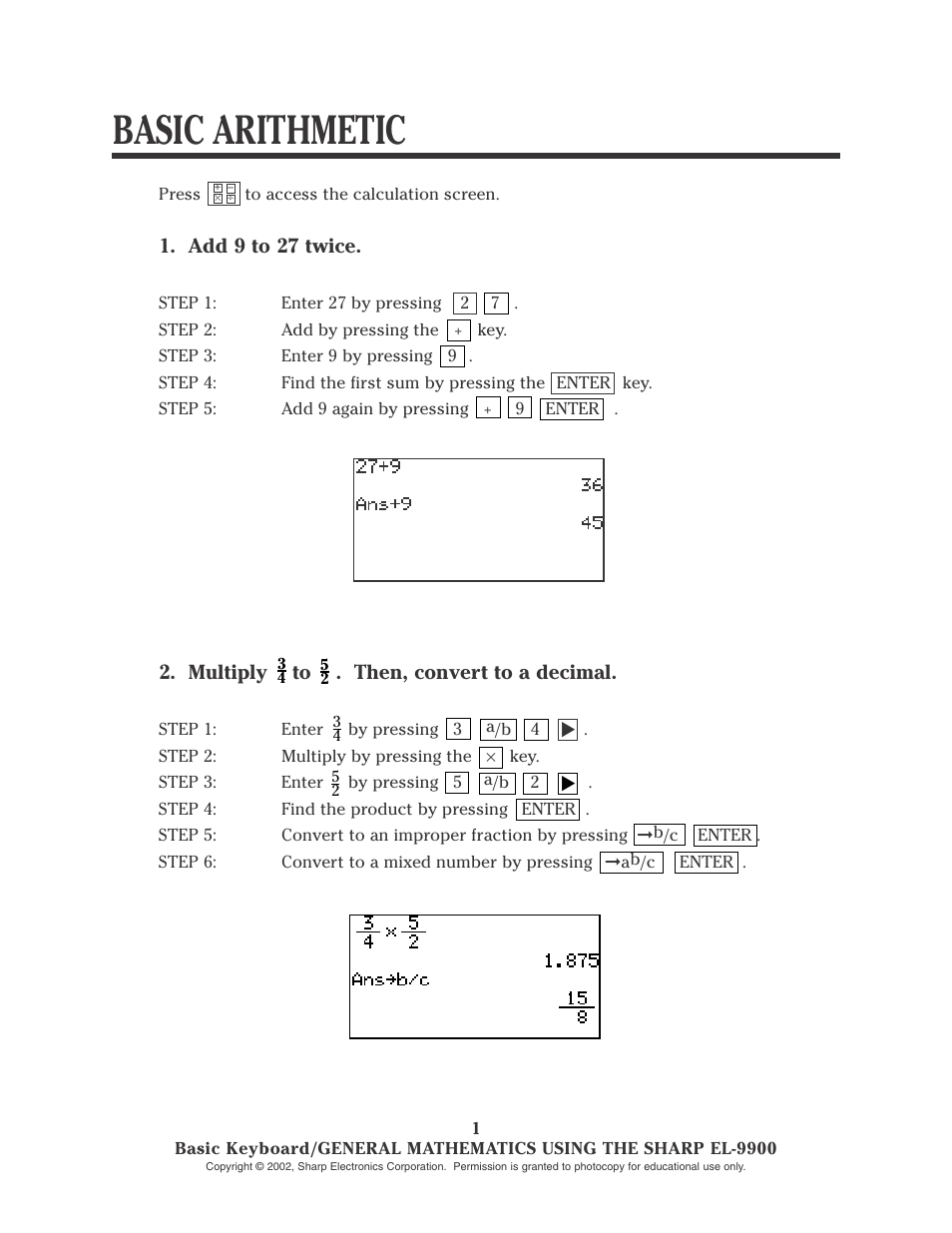 Basic arithmetic | Sharp EL-9900 User Manual | Page 3 / 153