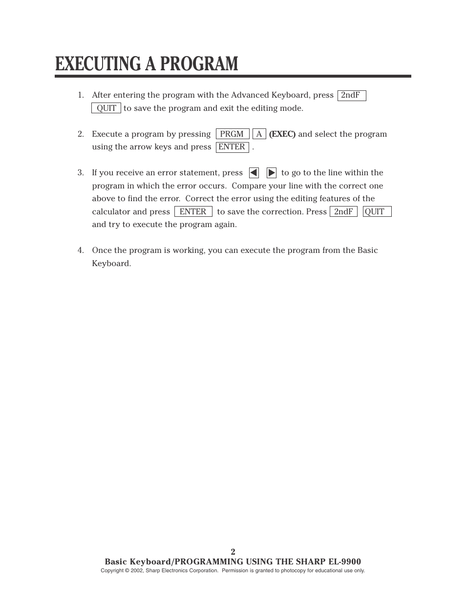 Executing a program | Sharp EL-9900 User Manual | Page 39 / 153