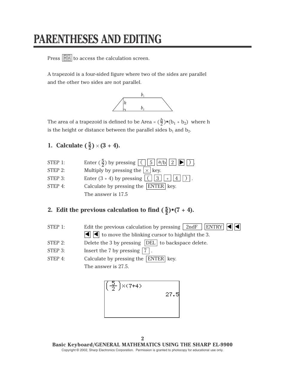 Parentheses and editing, Calculate ( ), Edit the previous calculation to find ( )•(7 + 4) | Sharp EL-9900 User Manual | Page 4 / 153