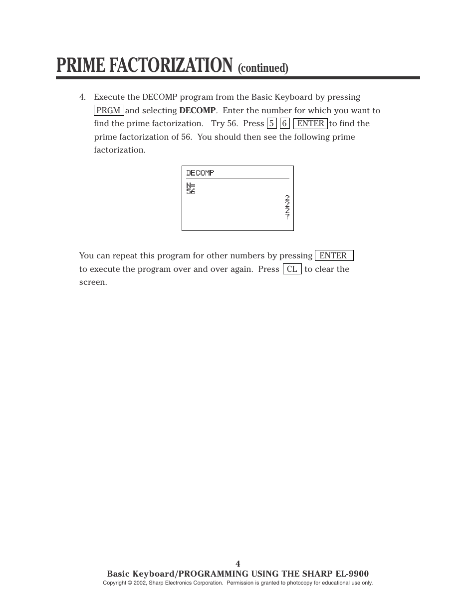 Prime factorization, Continued) | Sharp EL-9900 User Manual | Page 41 / 153