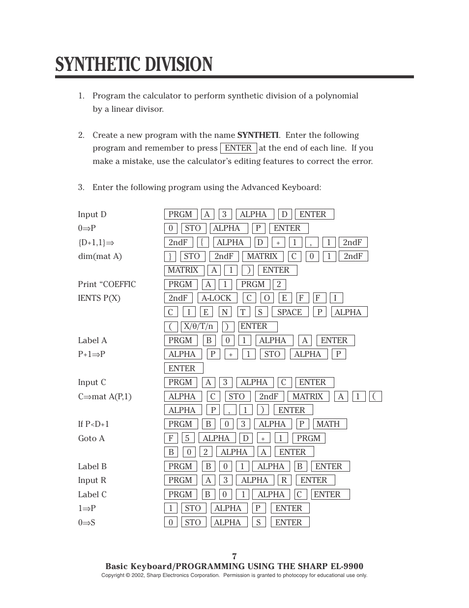 Synthetic division | Sharp EL-9900 User Manual | Page 44 / 153