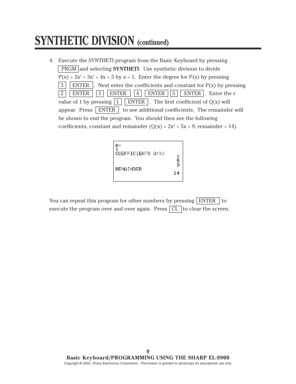 Synthetic division, Continued) | Sharp EL-9900 User Manual | Page 46 / 153