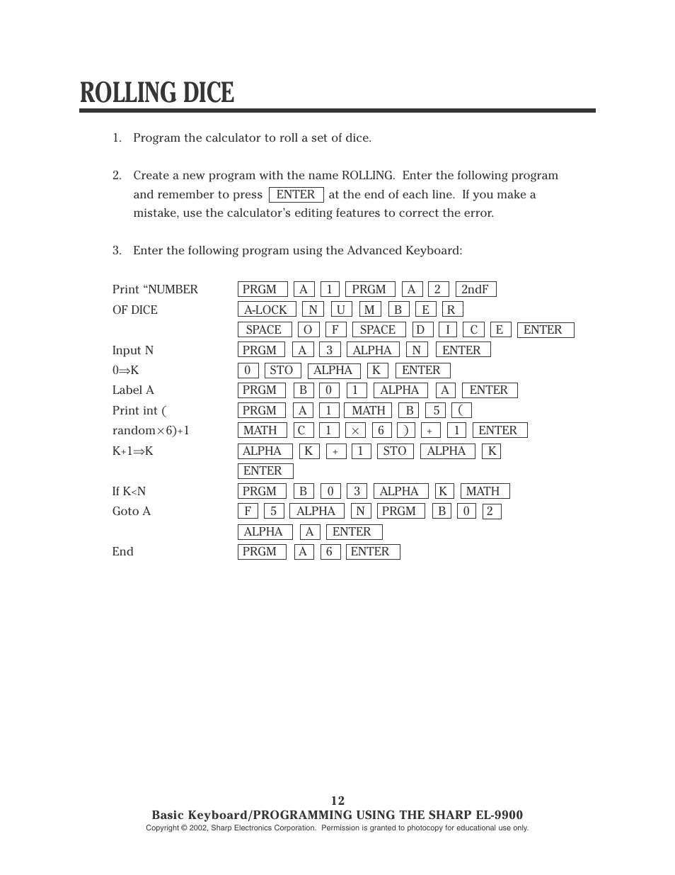 Rolling dice | Sharp EL-9900 User Manual | Page 49 / 153