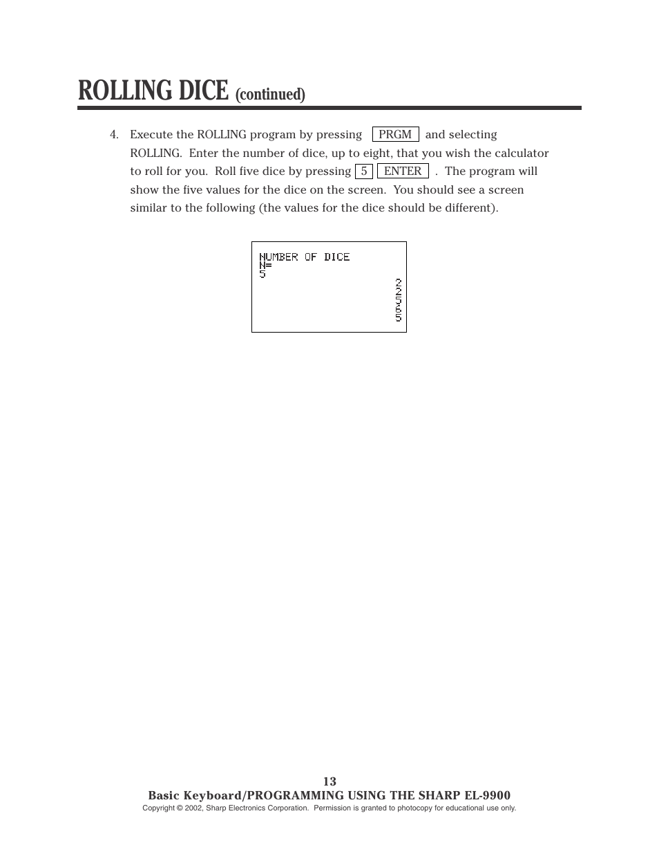 Rolling dice, Continued) | Sharp EL-9900 User Manual | Page 50 / 153