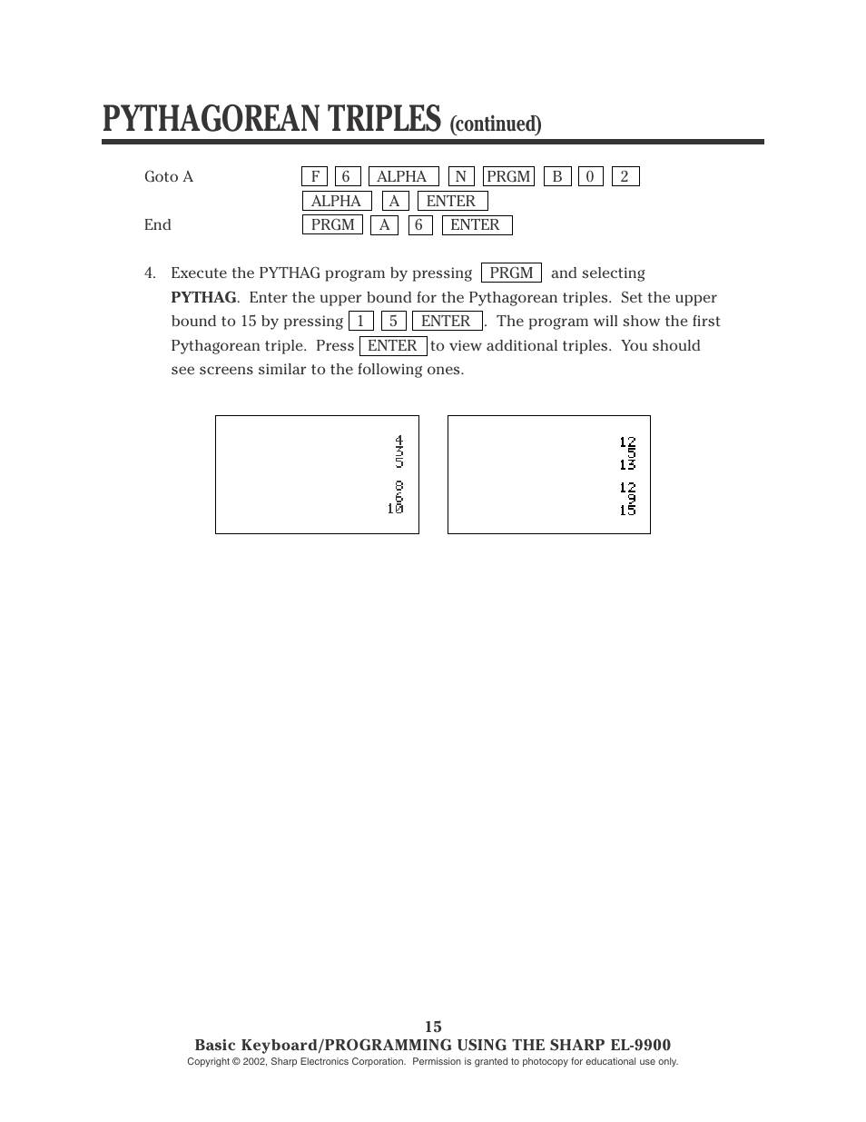 Pythagorean triples, Continued) | Sharp EL-9900 User Manual | Page 52 / 153