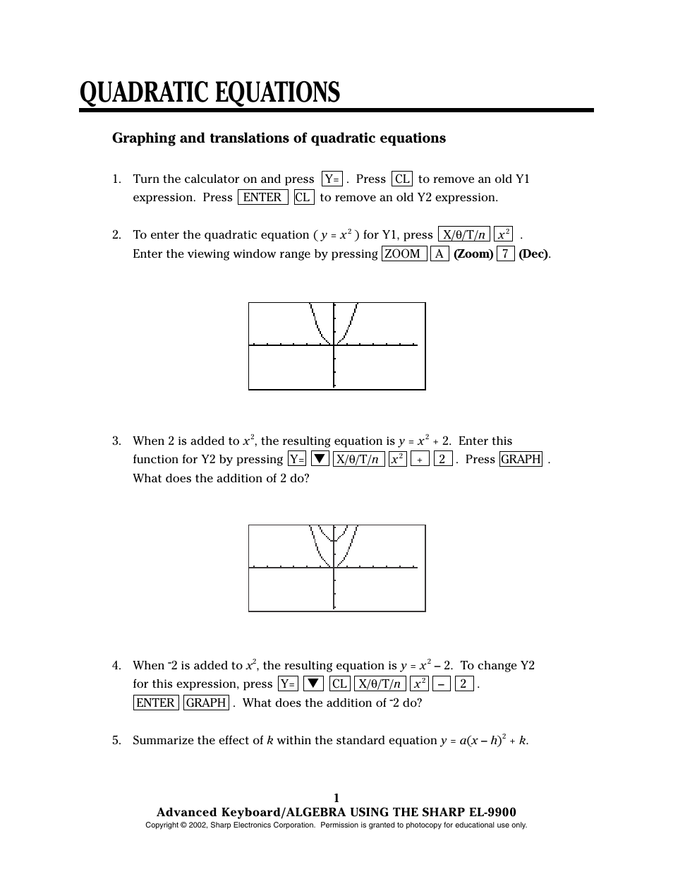 Quadratic equations, Graphing and translations of quadratic equations | Sharp EL-9900 User Manual | Page 54 / 153