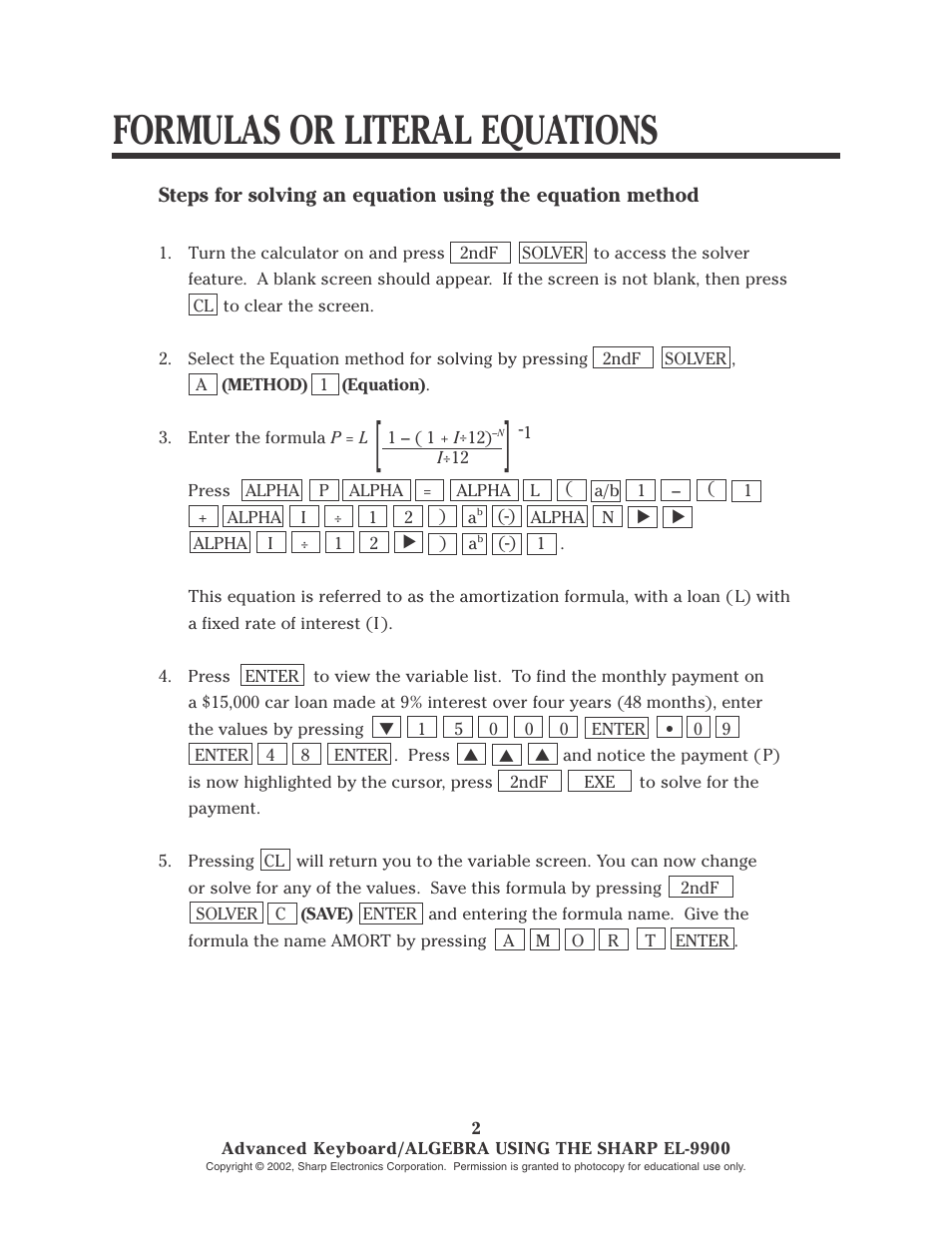 Formulas or literal equations | Sharp EL-9900 User Manual | Page 55 / 153