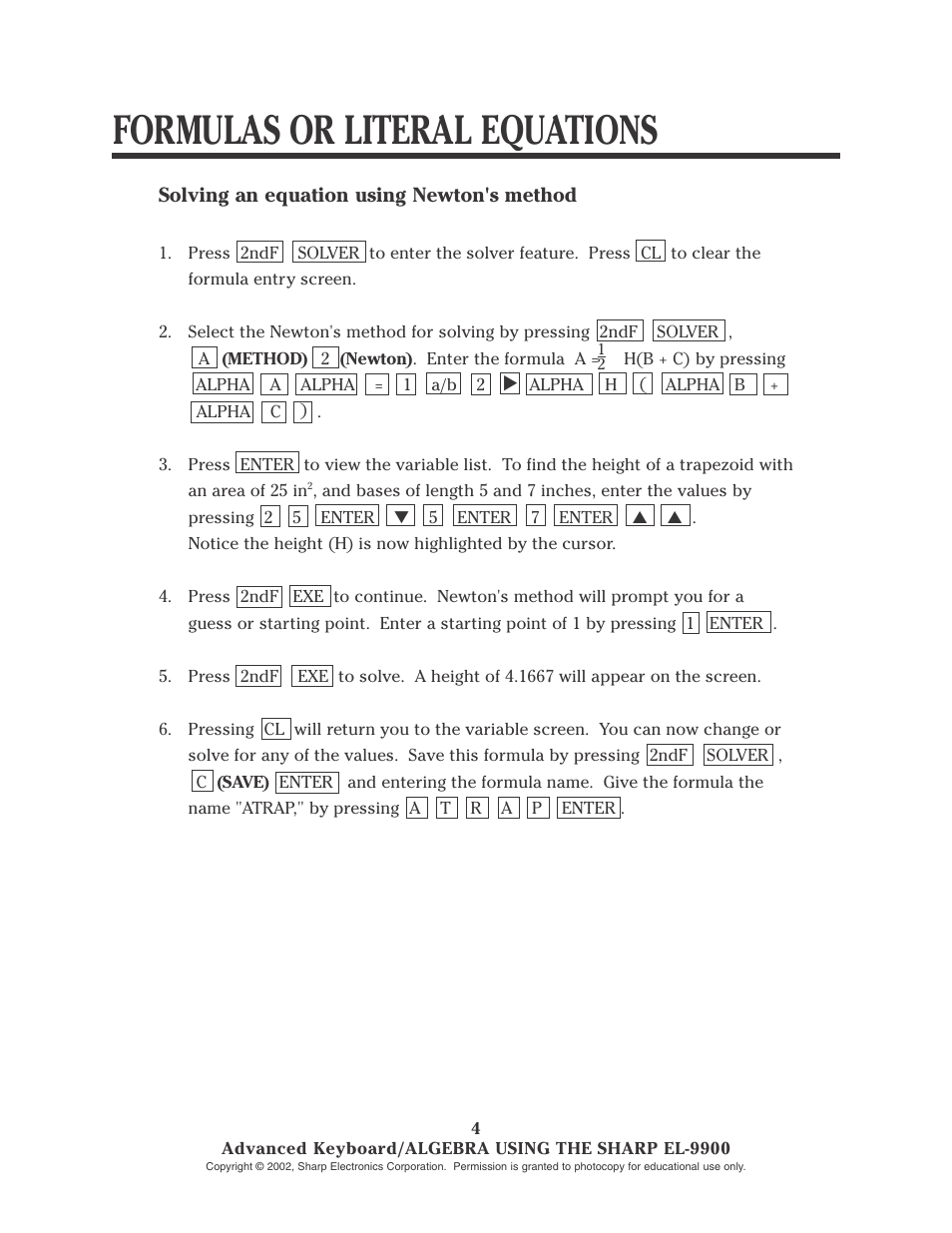 Formulas or literal equations | Sharp EL-9900 User Manual | Page 57 / 153