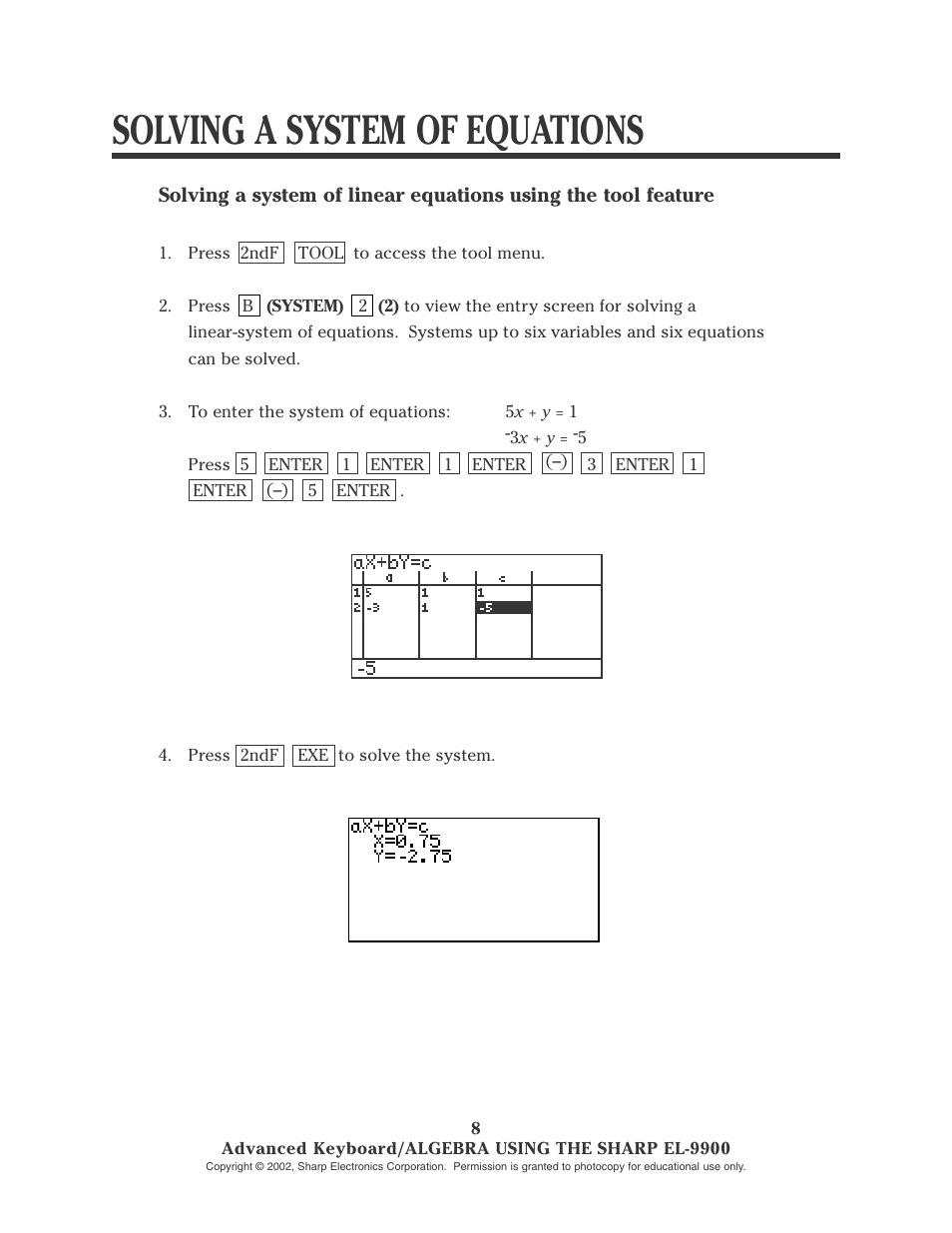 Solving a system of equations | Sharp EL-9900 User Manual | Page 61 / 153