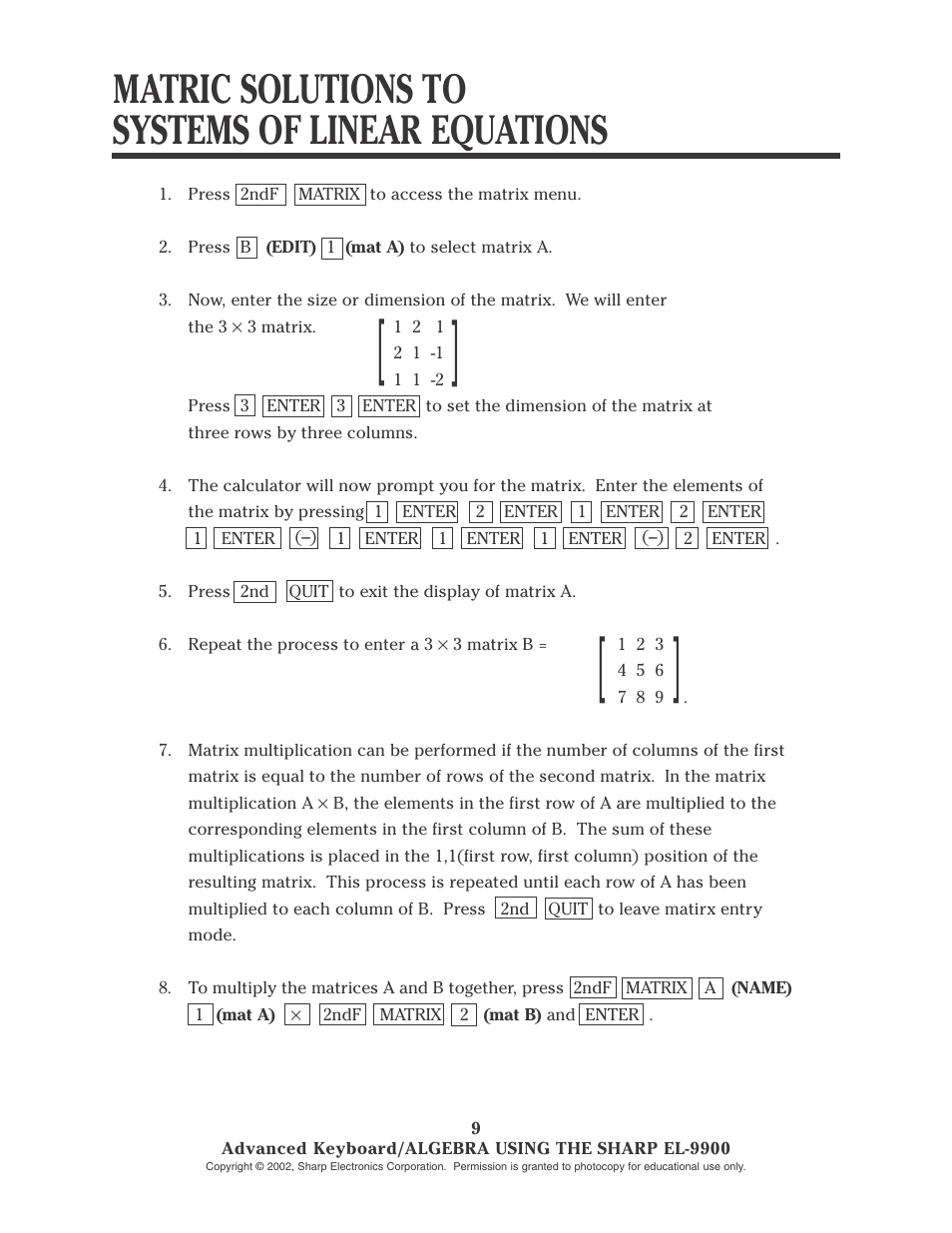 Matric solutions to systems of linear equations | Sharp EL-9900 User Manual | Page 62 / 153