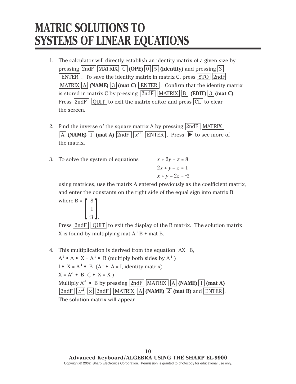 Matric solutions to systems of linear equations | Sharp EL-9900 User Manual | Page 63 / 153