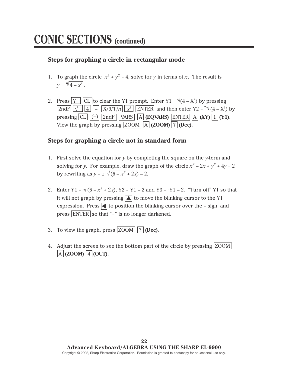 Continued), Steps for graphing a circle in rectangular mode, Steps for graphing a circle not in standard form | Sharp EL-9900 User Manual | Page 75 / 153