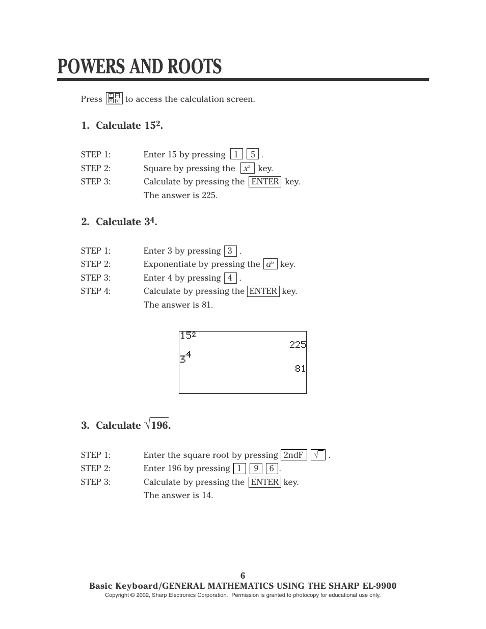 Powers and roots | Sharp EL-9900 User Manual | Page 8 / 153