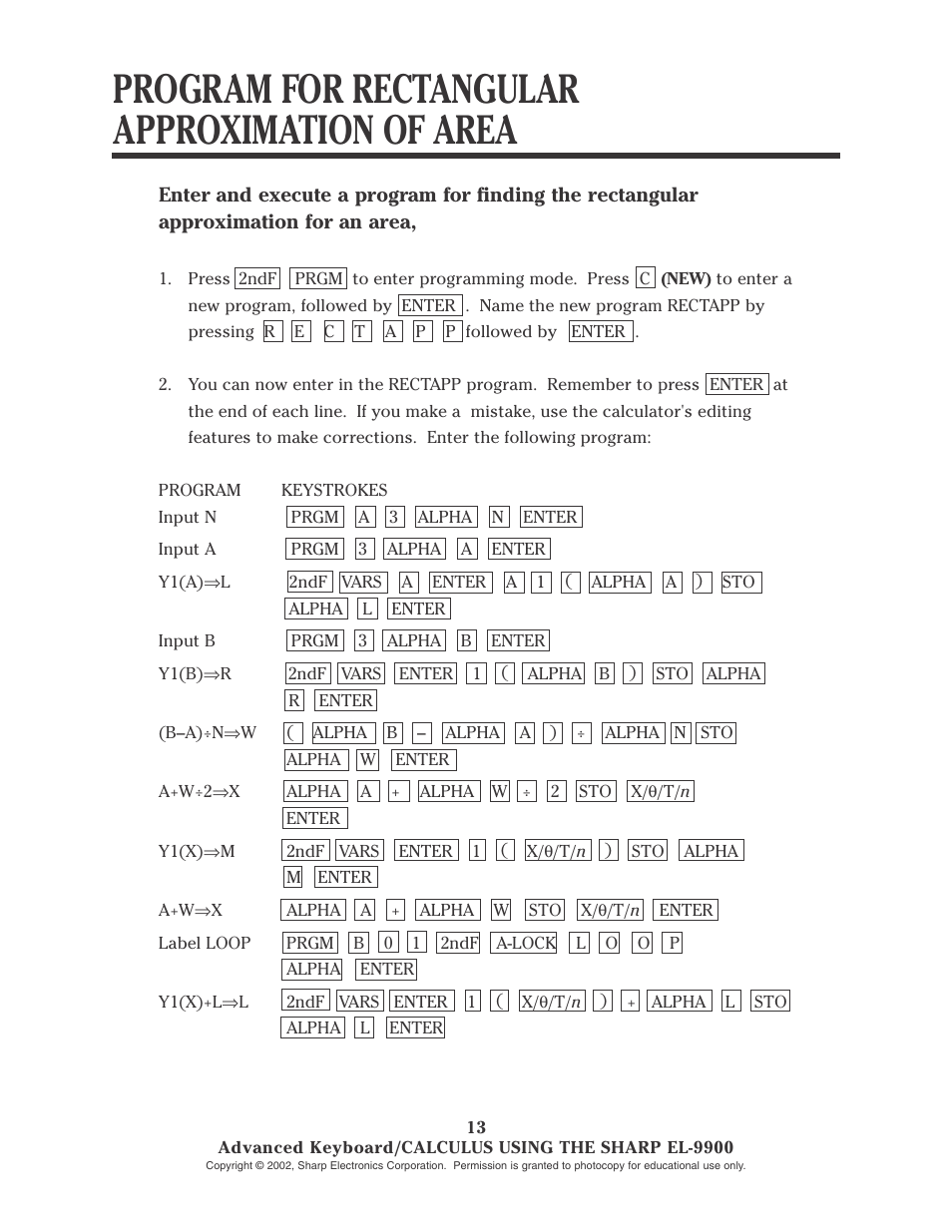 Program for rectangular approximation of area | Sharp EL-9900 User Manual | Page 88 / 153