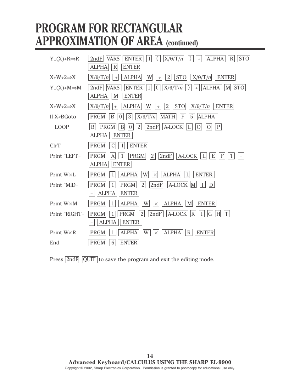 Program for rectangular approximation of area, Continued) | Sharp EL-9900 User Manual | Page 89 / 153