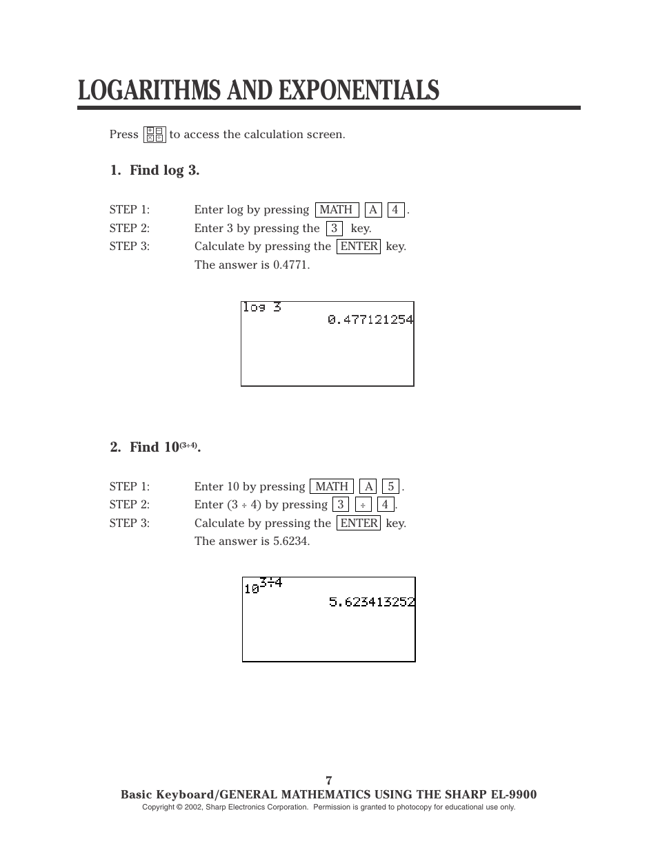 Logarithms and exponentials | Sharp EL-9900 User Manual | Page 9 / 153