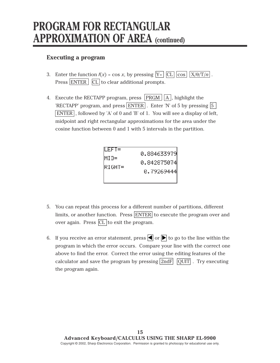 Program for rectangular approximation of area, Continued) | Sharp EL-9900 User Manual | Page 90 / 153