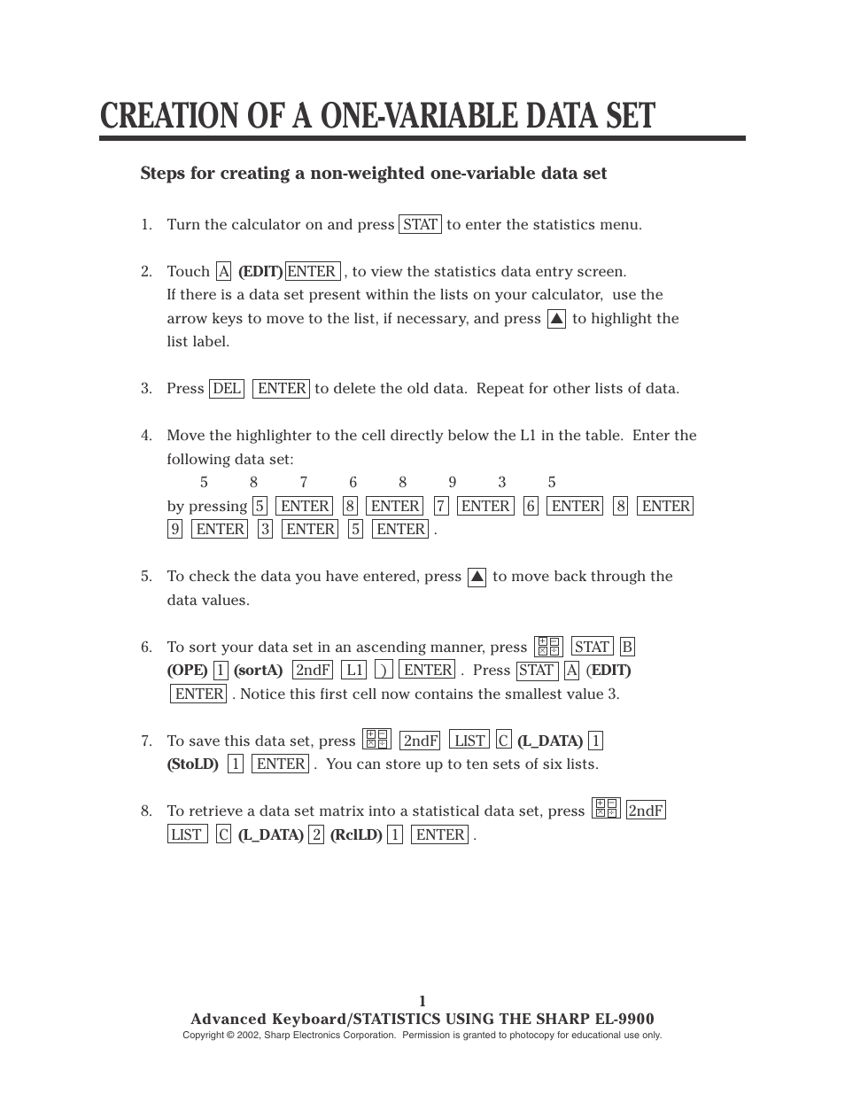 Creation of a one-variable data set | Sharp EL-9900 User Manual | Page 98 / 153