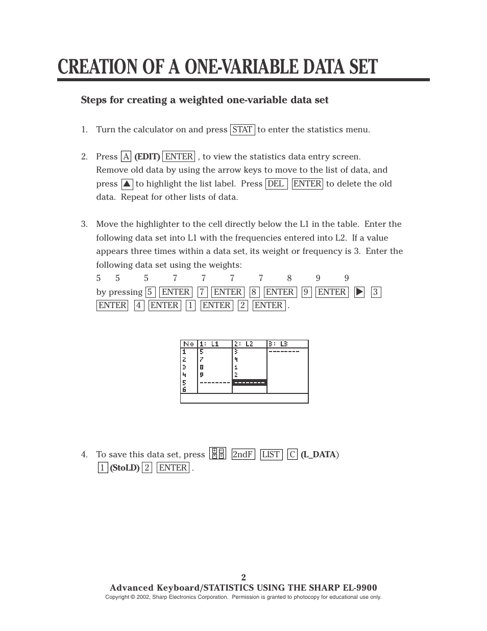 Creation of a one-variable data set | Sharp EL-9900 User Manual | Page 99 / 153